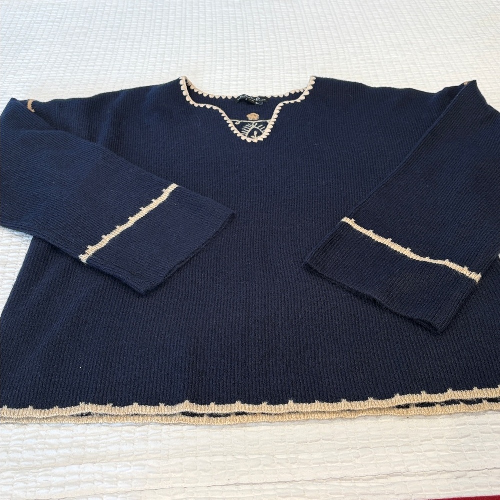 CHARLIE B Stunning Women's Navy Sweater with Embroidered Back